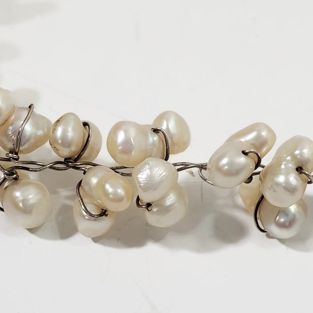Freshwater Potato Pearl Wire Wrapped Sterling Silver Necklace 18" - Picture 6 of 9